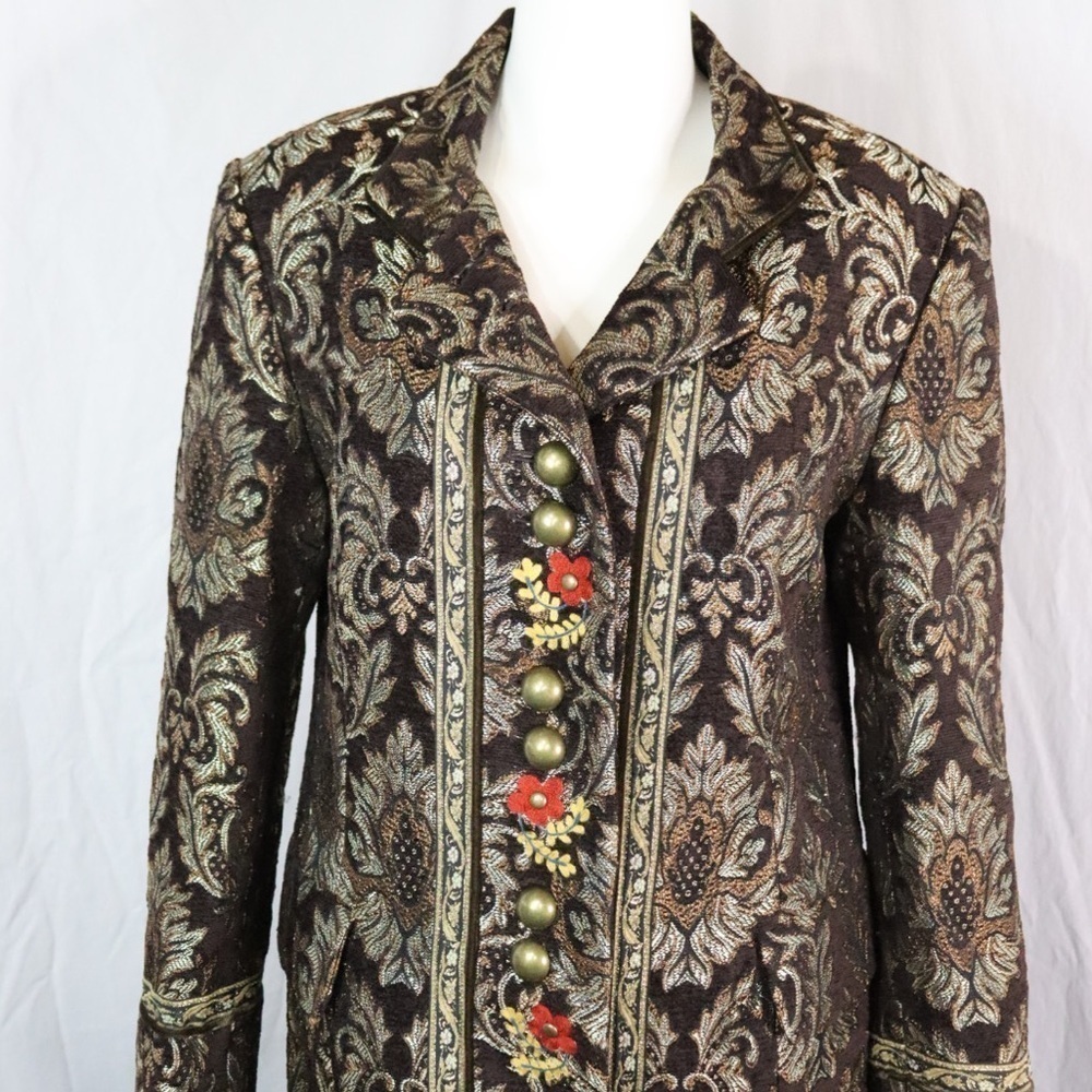 KENZIE Tapestry Baroque Coat with Floral Embroidery and Gold Metallic Threading